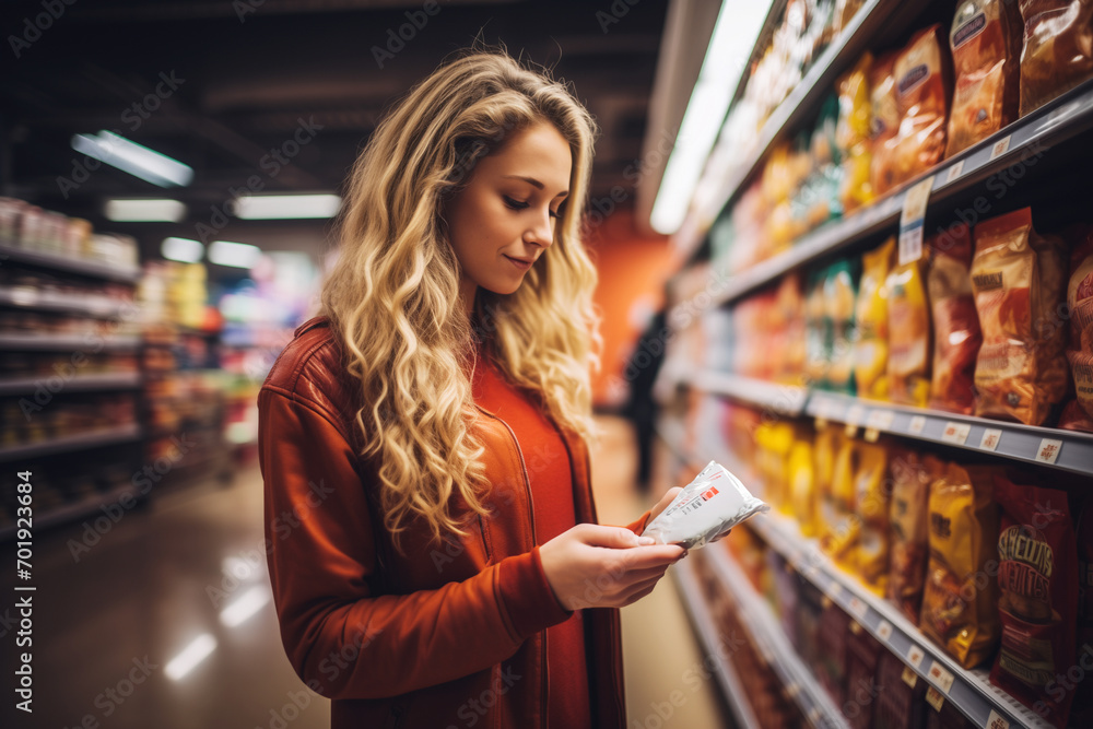 A health conscious woman examining a food product label for nutrition facts in the isle of a grocery supermarket. - obrazy, fototapety, plakaty 