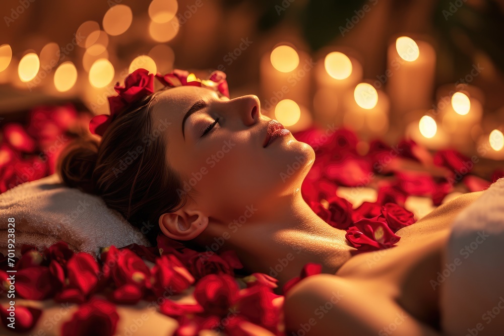 Romantic Petal Spa: A Woman Enjoys Valentine's Day Pampering at the Spa - Love, Romance, and Relaxation Unite in a Special Moment Surrounded by Rose Petals.
Romantic Petal Spa: A Woman Enjoys Valentine's Day Pampering at the Spa - Love, Romance, and Relaxation Unite in a Special Moment Surrounded by Rose Petals.
