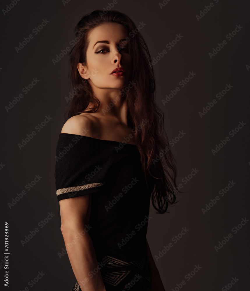 Naklejka premium Beautiful makeup sensual woman with brown long hair and black dress looking on dark shadow background. Closeup toned portrait