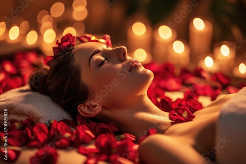 Romantic Petal Spa: A Woman Enjoys Valentine's Day Pampering at the Spa - Love, Romance, and Relaxation Unite in a Special Moment Surrounded by Rose Petals.