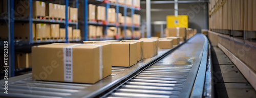 Logistics Efficiency: Parcels on Conveyor Belt in Warehouse. Boxes glide along a conveyor belt, symbolizing the streamlined process of modern logistics