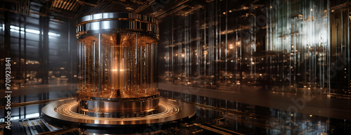 Quantum Computing Core in a High-Tech Facility. Futuristic quantum computer core glowing within a sophisticated high-tech environment photo