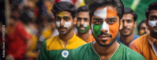 Patriotic Faces in a Crowd Celebrating Indian Independence. A group of Indian men with painted faces in the colors of India's flag stands together, symbolizing unity and national pride