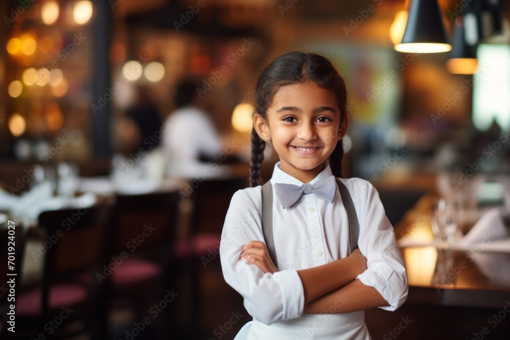 happy indian child girl waiter in restaurant, cafe or bar happy indian child girl waiter in restaurant, cafe or bar