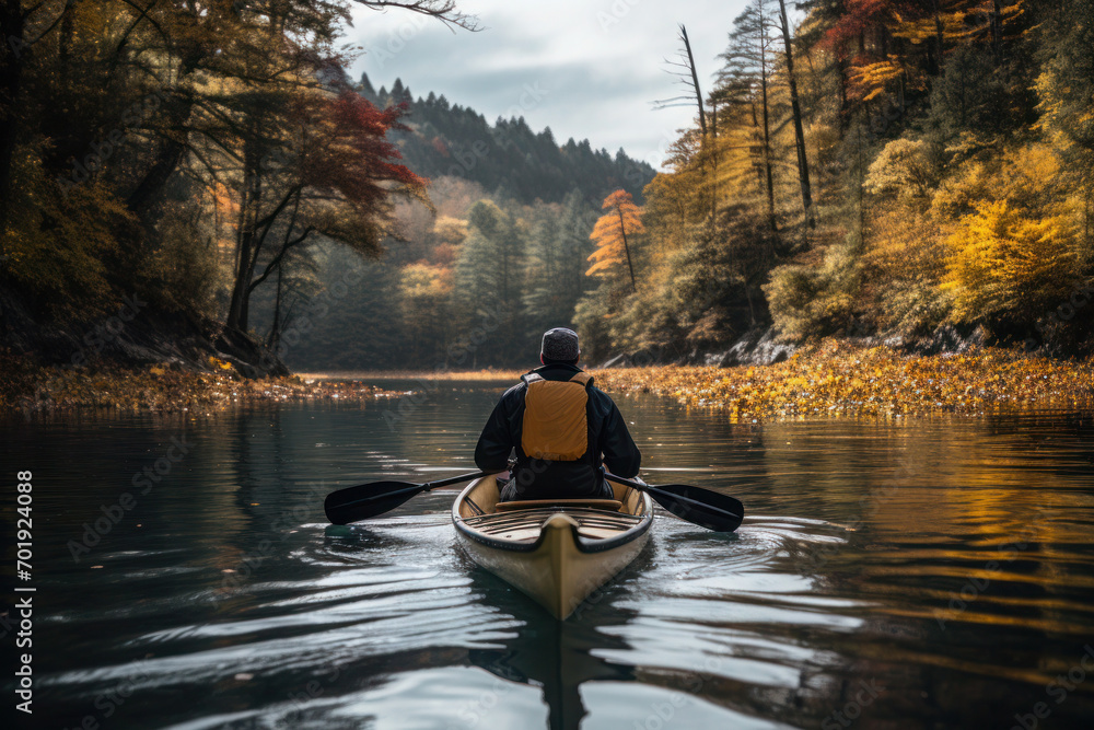 Autumn whispers around a kayaker, golden leaves mirroring in the tranquil waters.