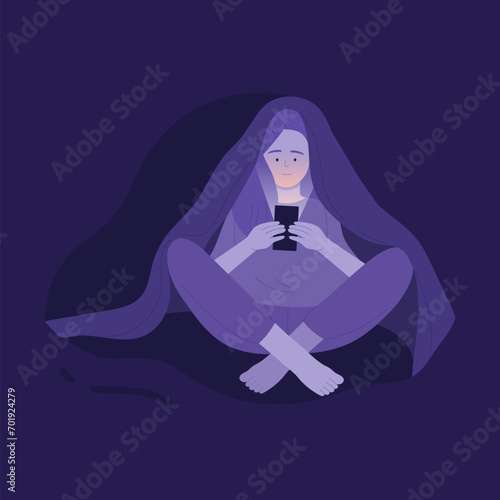 Girl with sleep disorder. Teenager suffering from insomnia using smartphone cartoon vector illustration