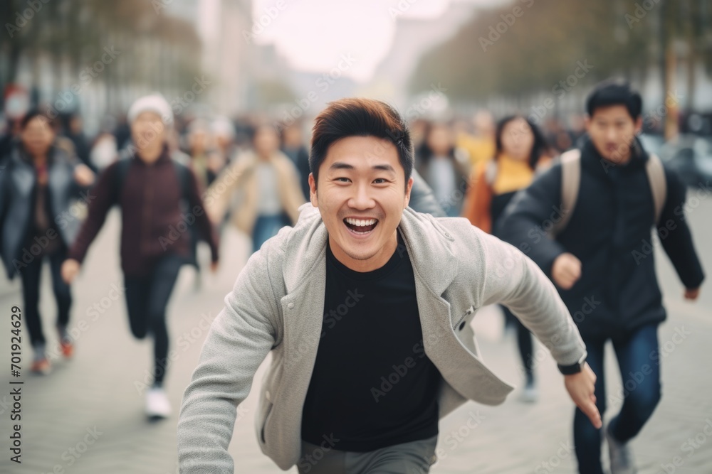 happy asian man running on the background of a crowd of people happy asian man running on the background of a crowd of people