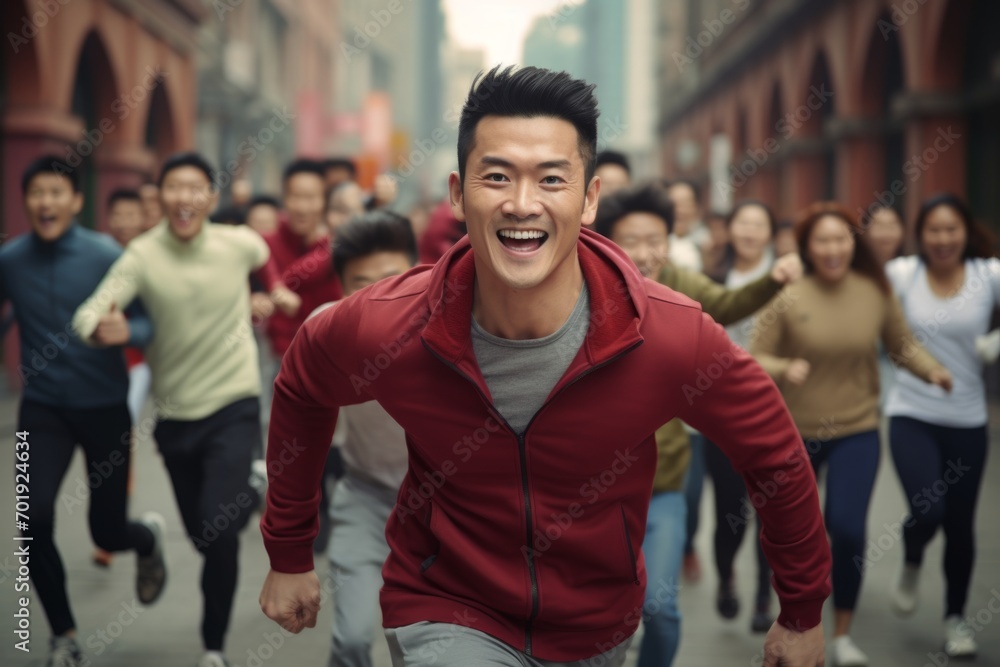 happy asian man running on the background of a crowd of people - obrazy, fototapety, plakaty 