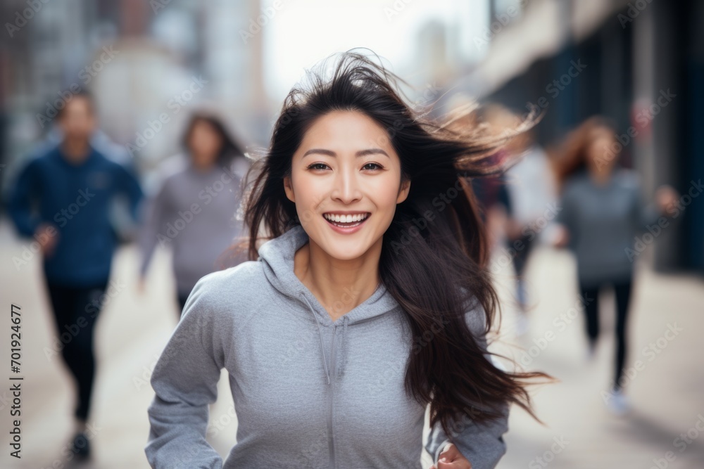 happy asian woman running on the background of a crowd of people