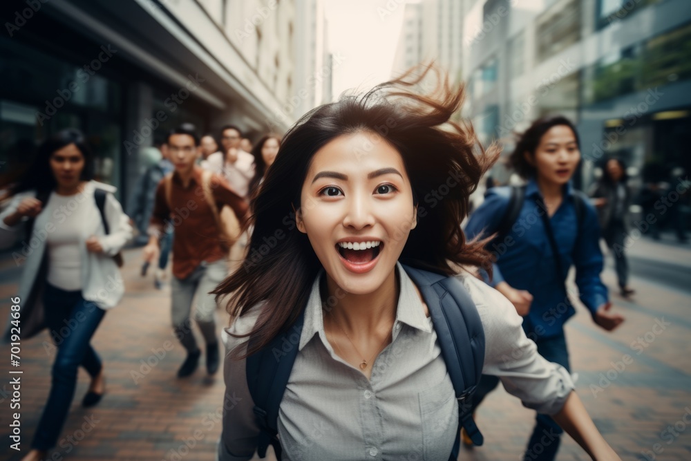 happy asian woman running on the background of a crowd of people happy asian woman running on the background of a crowd of people