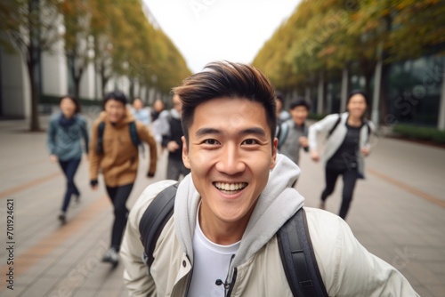 happy asian man running on the background of a crowd of people