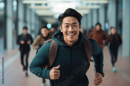 happy asian man running on the background of a crowd of people