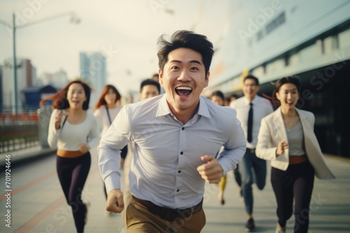 happy asian man running on the background of a crowd of people © vasyan_23