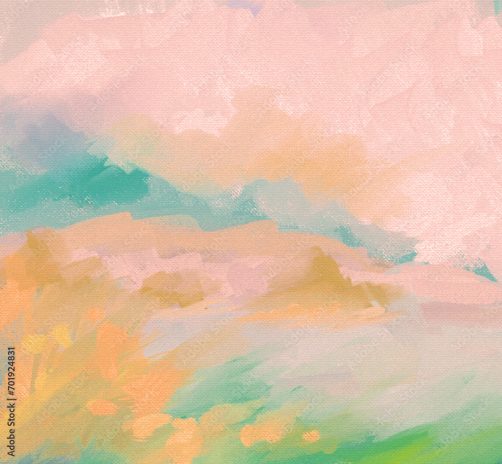 Impressionistic & Uplifting Cloudscape or Landscape of Lakeside Wildflower Blooms by the Lake in Teals or Gree & Orange Art, Digital Painting, Artwork, Illustration, Design, or Painting