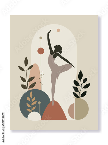 Abstract vector illustration  with a woman meditating in tree pose. For covers, brochure, banners, flyers and other projects about yoga and relax outside. For web and printing.
