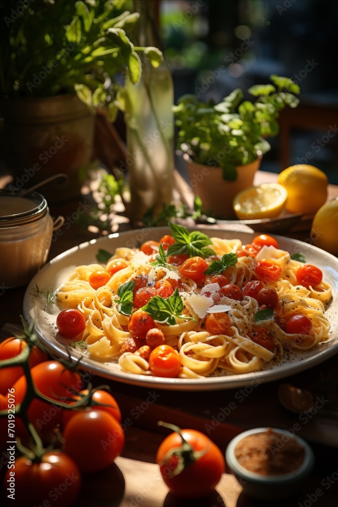 Tasty homemade pasta with tomatoes served outdoors on the table in sunny summer day.