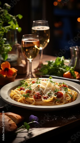Tasty homemade pasta with tomatoes on a plate served in the restaurant  glasses of white wine on background.