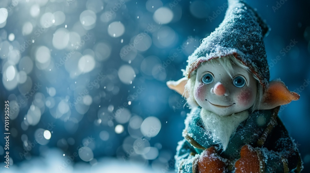 Obraz premium Scandinavian cute Christmas traditional gnome, Tomte, dwarf or elf on blue snowy background with copy space.
