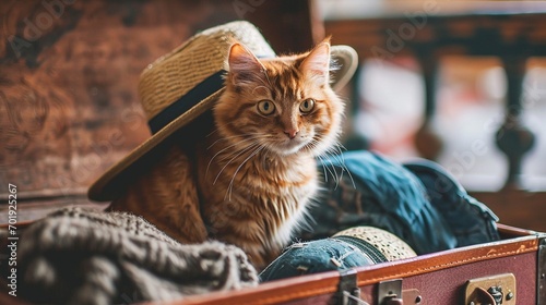 Cute ginger cat sitting in an open suitcase among summer clothes, concept of traveling packing, funny pet furry friend. photo