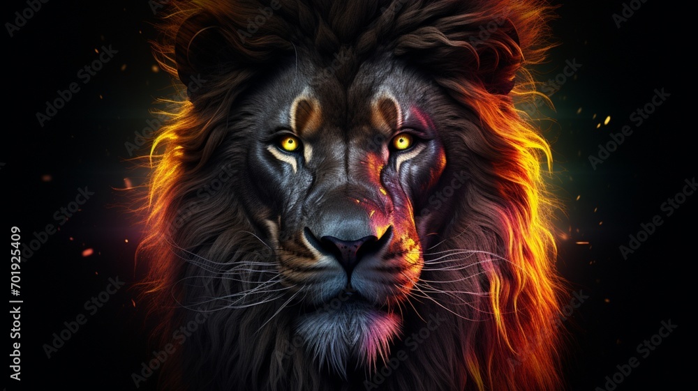 Real lion glow light art black background beautiful image Ai generated art