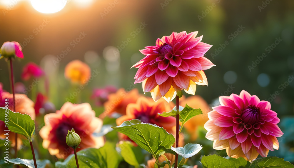 Fototapeta premium Many Dahlia flowers with rain drops, in rustic garden in sunset sunlight background.