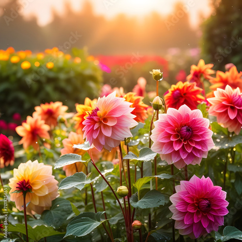 Many Dahlia flowers with rain drops, in rustic garden in sunset sunlight background.