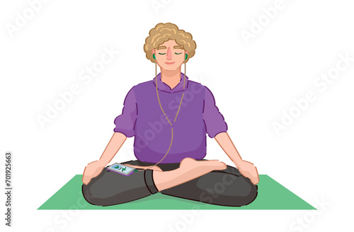 Meditating young man with music player and earphones on white background
