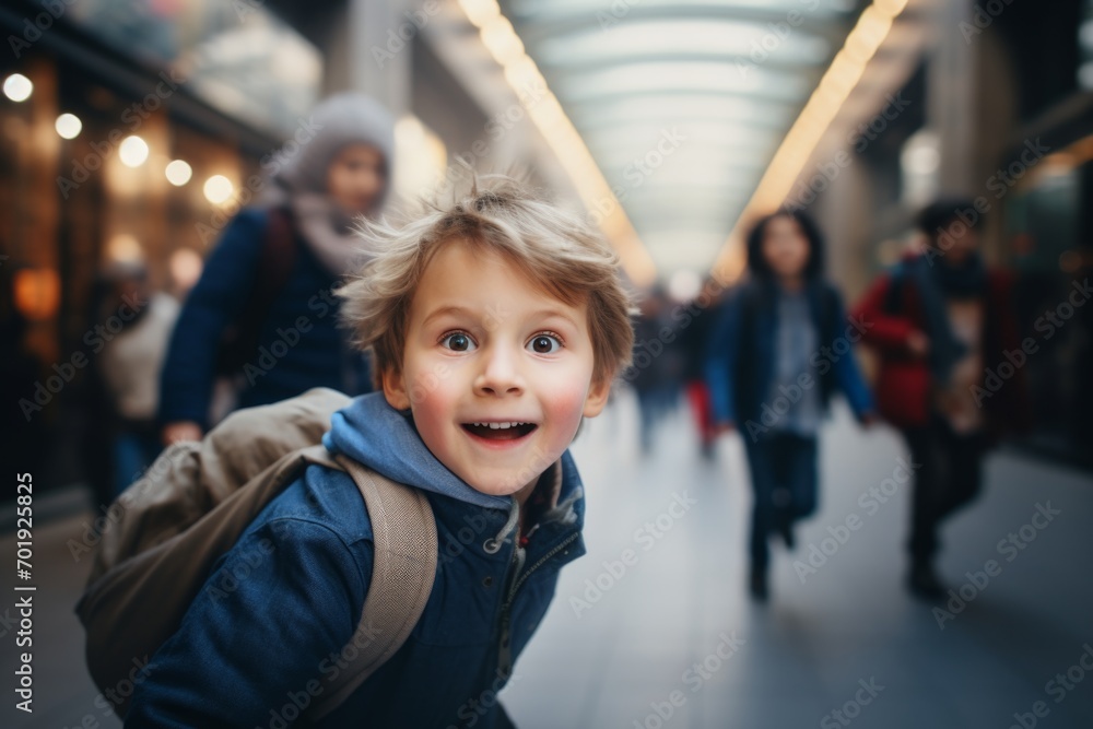 happy child boy running on the background of a crowd of people happy child boy running on the background of a crowd of people