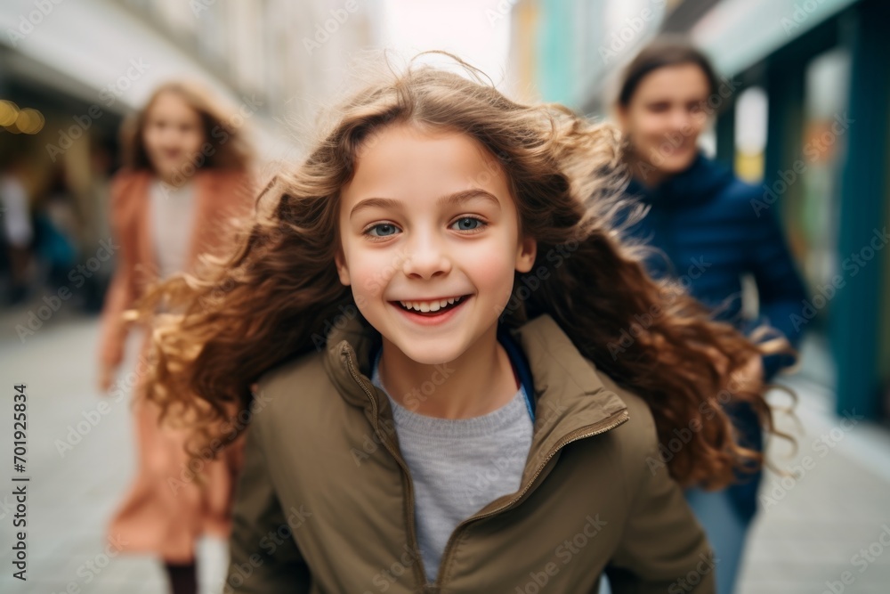 happy child girl running on the background of a crowd of people happy child girl running on the background of a crowd of people