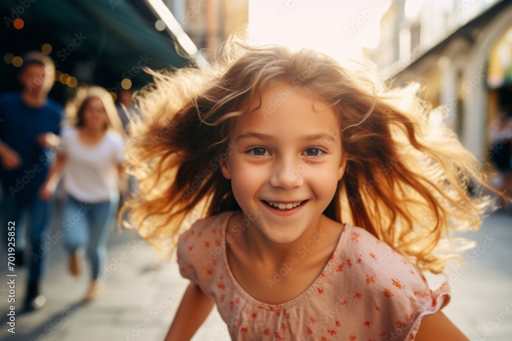 happy child girl running on the background of a crowd of people happy child girl running on the background of a crowd of people