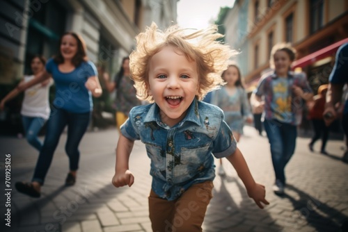 happy child boy running on the background of a crowd of people © vasyan_23