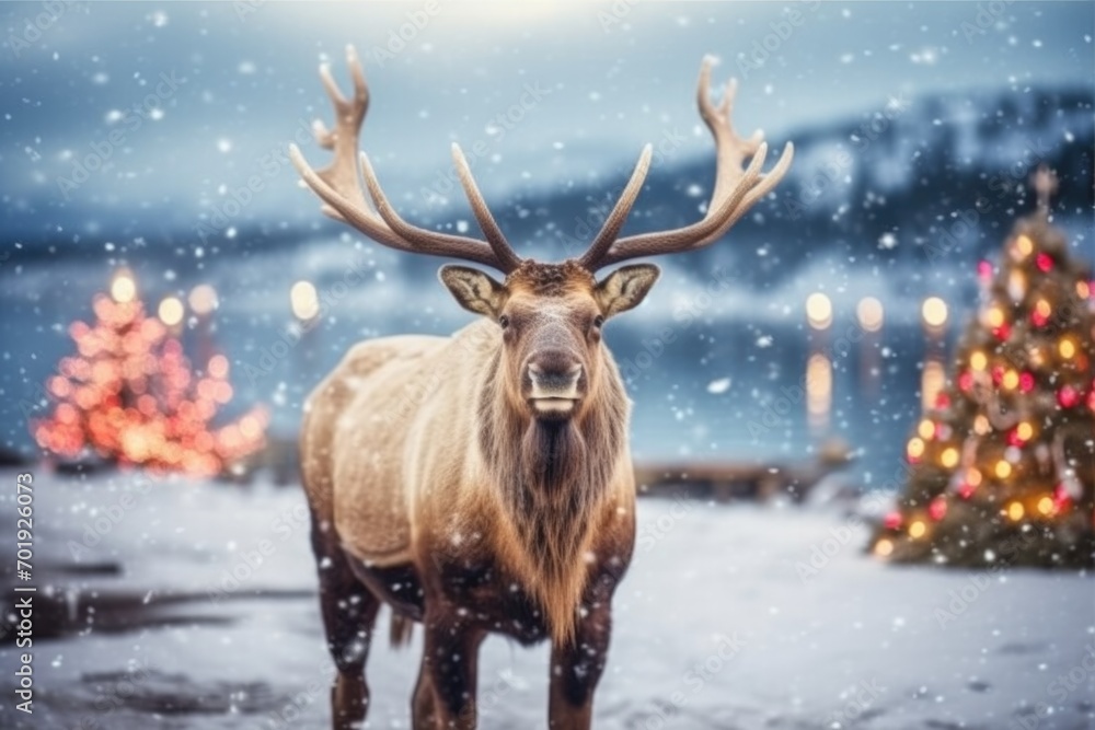 Christmas elk in a magical snowy landscape with tree lights twinkling.