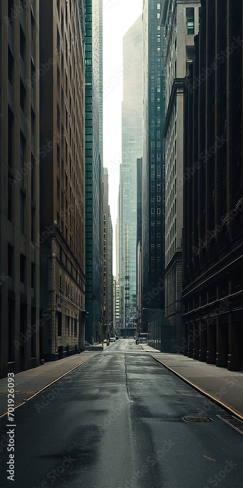 Empty city street with tall skyscrapers on both sides. Early morning sun rays. Wet concrete street from rain water. Noir mystery concept - Isolated transparent background. Empty moody alley in a city Empty city street with tall skyscrapers on both sides. Early morning sun rays. Wet concrete street from rain water. Noir mystery concept - Isolated transparent background. Empty moody alley in a city