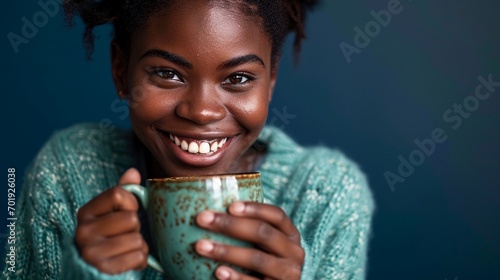 portrait of happy young woman with cup of coffee isolated on navy background with copy space, smiling African American woman in mint green sweater holding coffee mug and enjoy herself. photo