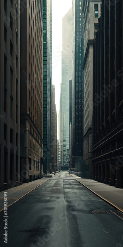 Empty city street with tall skyscrapers on both sides. Early morning sun rays. Wet concrete street from rain water. Noir mystery concept - Isolated transparent background. Empty moody alley in a city photo