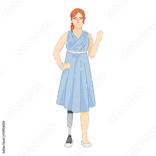 Woman with prosthetic leg on white background