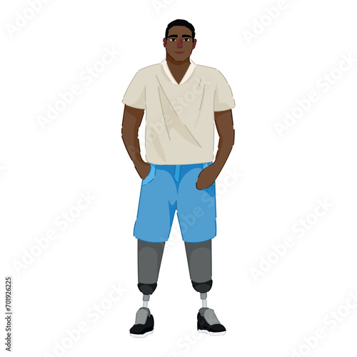 Man with prosthetic legs on white background