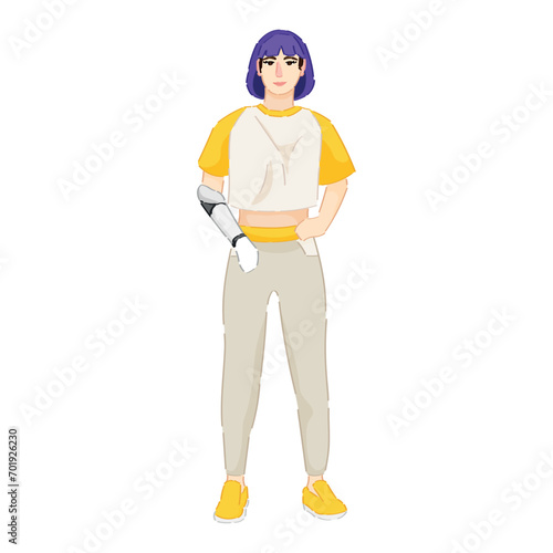 Woman with prosthetic arm on white background