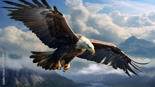 An eagle soaring in the sky with clouds
