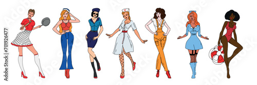 Sexy pin up women of different professions on white background