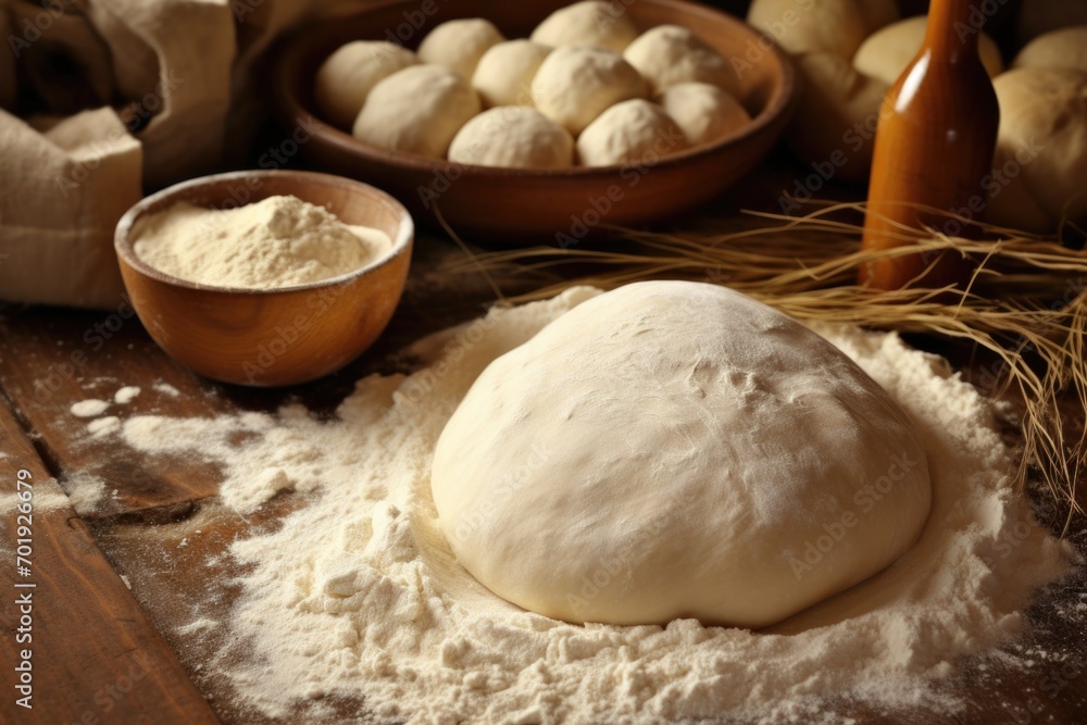 The traditional process of making Easter bread, with dough being expertly kneaded and an assortment of essential ingredients and utensils close at hand