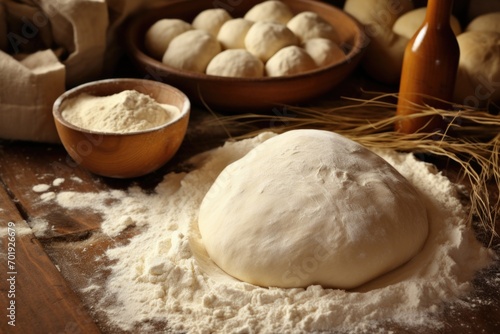 The traditional process of making Easter bread, with dough being expertly kneaded and an assortment of essential ingredients and utensils close at hand