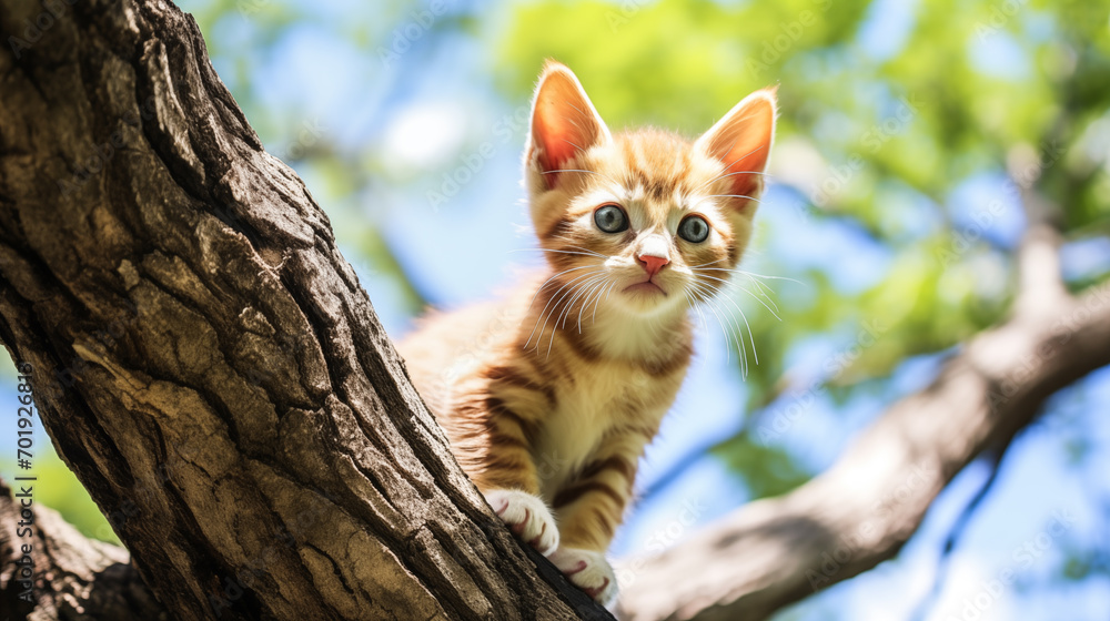A kitten stuck in a tree, meowing for help. A kitten stuck in a tree, meowing for help.