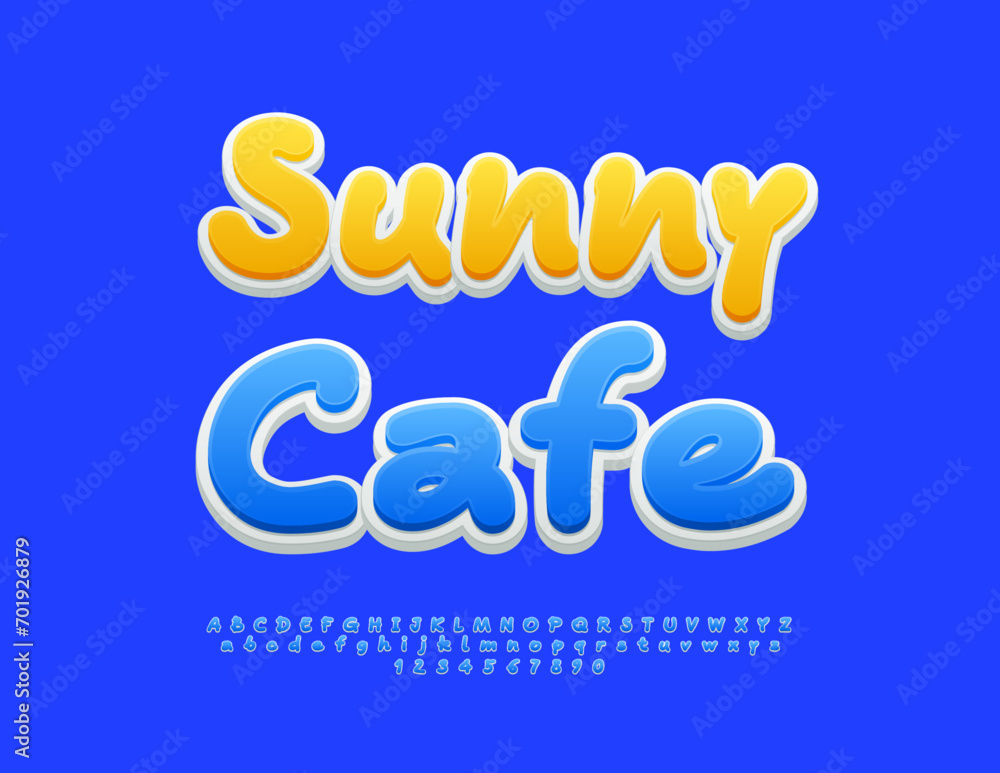 Vector creative banner Sunny Cafe. Blue handwritten Font. Modern Bright Alphabet Letters and Numbers set.