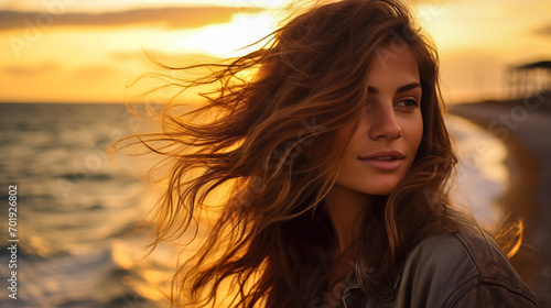 Woman with tousled hair reflecting the golden hues of sunset.