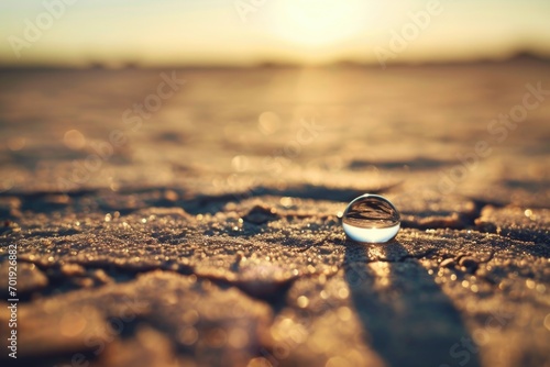Fototapet A poignant image of a water droplet in the arid desert, conveying the concept of