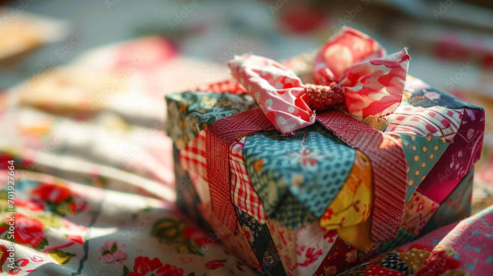 Patchwork-style valentine gift box with colorful fabric swatches, AI Generated
