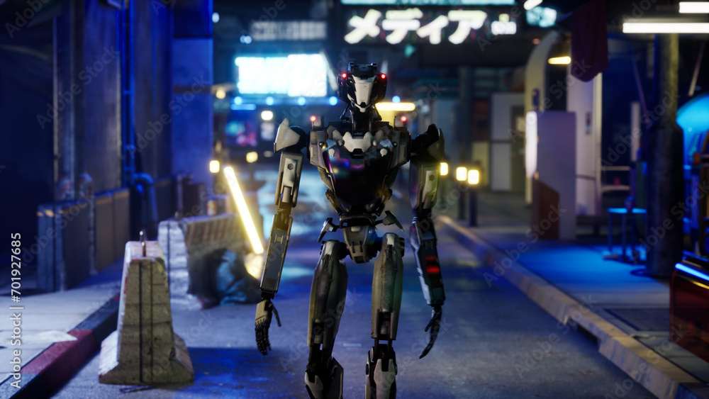 robot walking along a street in a big city. humanoid AI robot crossing street. 3d render. future automation job.