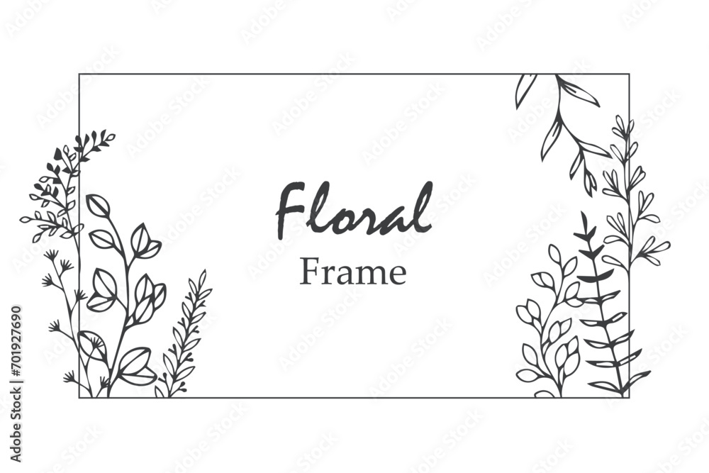 Obraz premium Hand drawn elegant floral frame. Delicate meadow flowers, herbs, branches, plants. Vector illustration in line art style
