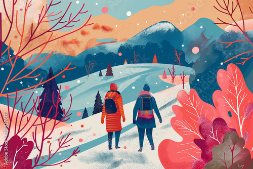 A walk in a snowy landscape, winter wonderland illustration